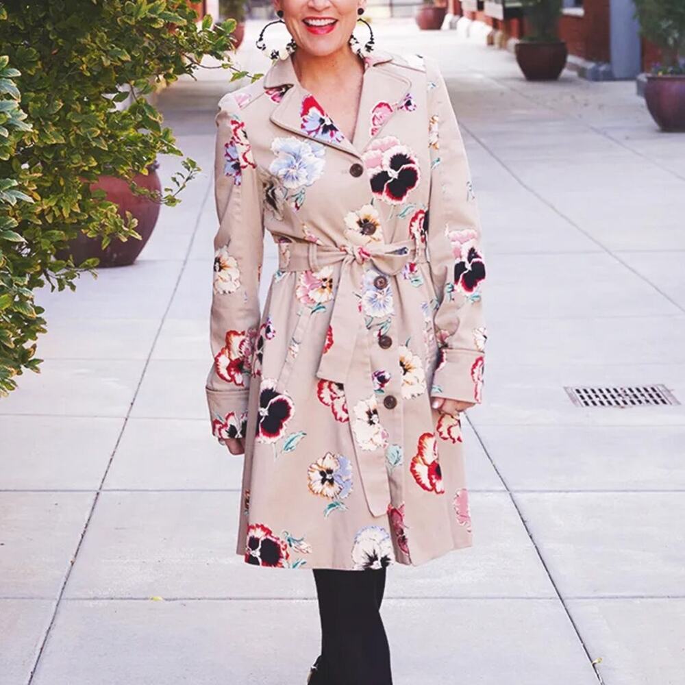 Anthropologie Elevenses Beige Floral Trench Coat Size 0